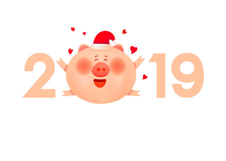 Santa pig with numbers 2019. Symbol of New year  Xmas holiday. Flat cartoon styleのイラスト素材