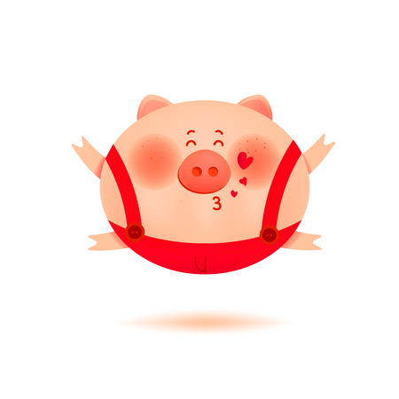 Cute smiling little pig  gives a kiss. The year of the pig. Holiday greeting card. Isolated vector illustration.のイラスト素材