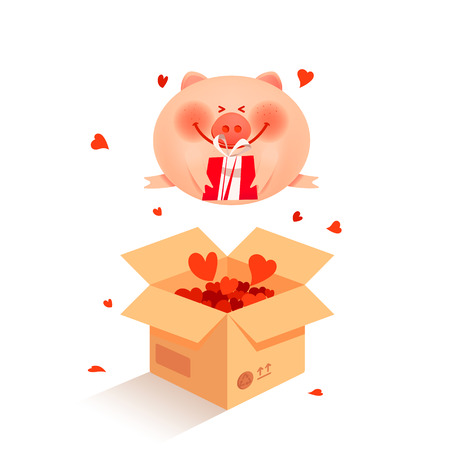 Merry Christmas illustration with cute pig jumps out of the box. Surprise. New Yearのイラスト素材