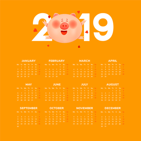 Calendar for 2019. Colored numbers with a jolly fat pig and heartsのイラスト素材