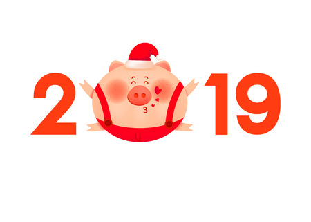 Santa pig with numbers 2019. Symbol of New year  Xmas holiday. Flat cartoon styleのイラスト素材