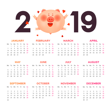 Calendar for 2019. Colored numbers with a jolly fat pig and heartsのイラスト素材