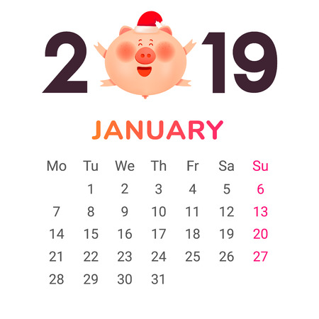 Calendar for 2019. January month. Color numbers with a jolly fat pig and giftのイラスト素材