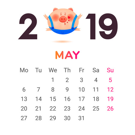 Calendar for 2019. May month. Color numbers with a jolly fat pig and giftのイラスト素材