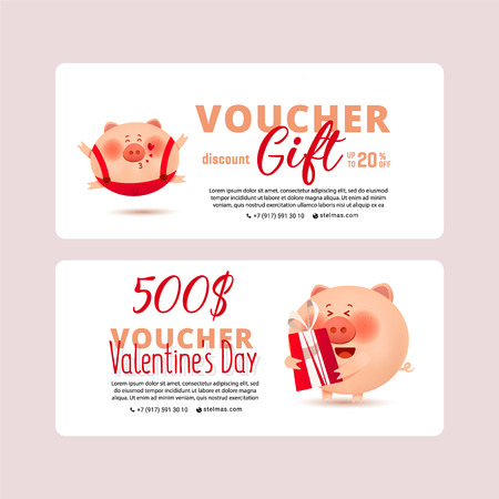 Gift Voucher Card with pig and  gift on white background. Flat  style vector illustration.のイラスト素材