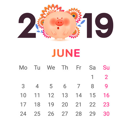 Calendar for 2019. June  month. Color numbers with a jolly fat pig and giftのイラスト素材