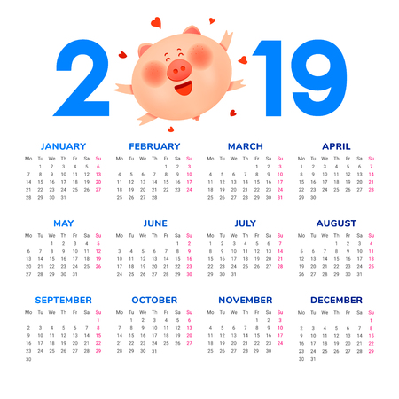 Calendar for 2019. Colored numbers with a jolly fat pig and heartsのイラスト素材