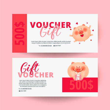 Valentine's Day voucher with pig and  gift on white background. Flat  style vector illustration.のイラスト素材