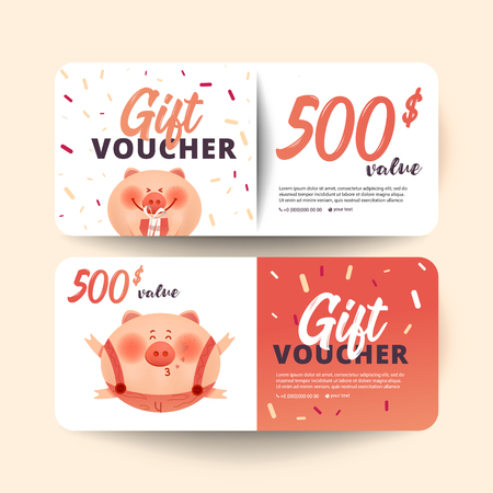 Valentine's Day voucher with pig and  gift on white background. Flat  style vector illustration.のイラスト素材