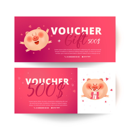 Valentine's Day voucher with pig and  gift on white background. Flat  style vector illustration.のイラスト素材