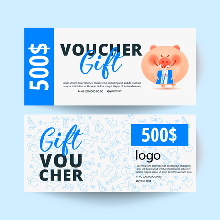 Gift voucher template with pig and a gift box. 500 dollarsのイラスト素材