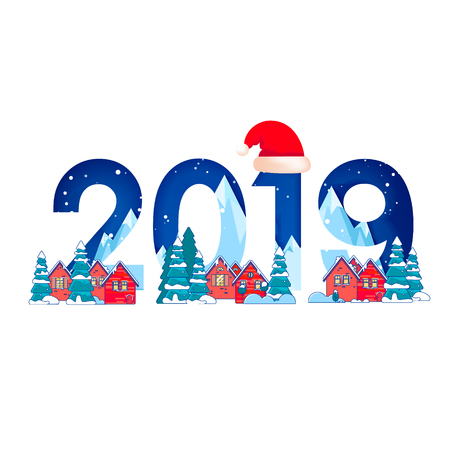 Winter landscape with fir trees in snow and numbers 2019 for Happy New Yearのイラスト素材