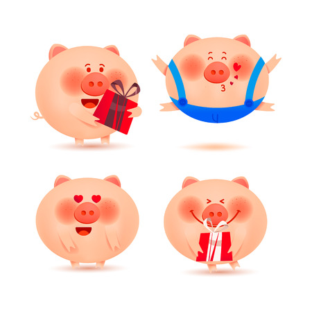 Christmas pigs. Set of cheerful and cute piglets for decorationのイラスト素材