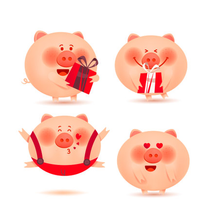 Christmas pigs. Set of cheerful and cute piglets for decorationのイラスト素材