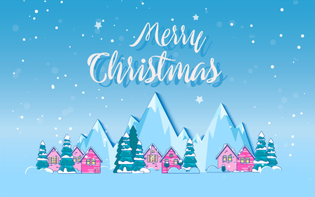 Winter holidays in the mountains concept banner. Snowy night in cozy christmas town city bannerのイラスト素材