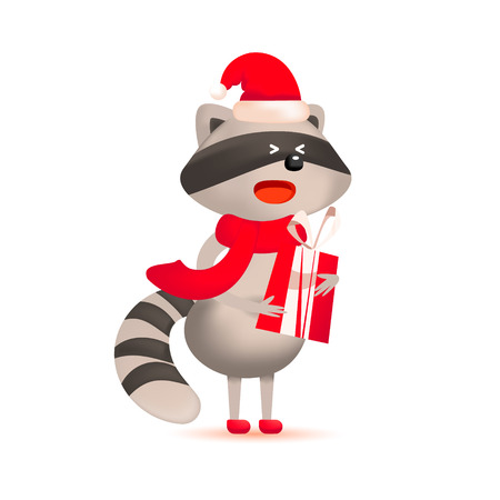 Cute smiling little raccoon with a gift. Holiday greeting card. Isolated vector illustration. Cute Raccoon with gift and Christmas greetingのイラスト素材