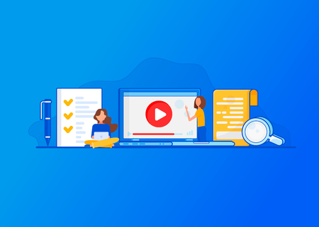Video Tutorial. Video conference and webinar icon, internet and video services. Vector illustration in flat styleのイラスト素材