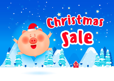 Cute pig in Christmas clothes with Christmas presents. Christmas composition with fir trees and falling snowのイラスト素材