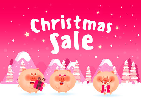 Christmas sale poster. Cute pigs with gift boxes on a snowy background.のイラスト素材