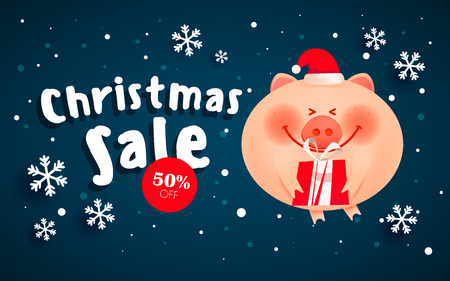 Merry Christmas banner. Merry fat pig with a gift boxes on the Christmas winter landscape background.のイラスト素材