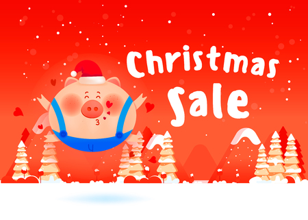 Merry Christmas card with happy pig gives a kiss on Christmas backgroundのイラスト素材
