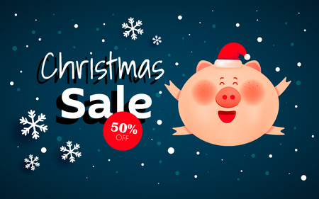 Smiling pig jumping Christmas winter landscape background.のイラスト素材