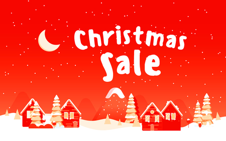 Merry Christmas sale card with with wooden houses and snowy trees on a winter backgroundのイラスト素材