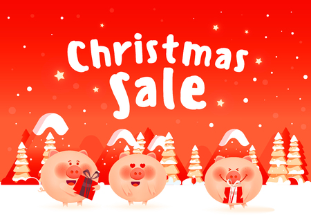 Cute pigs with gifts are standing in a snowy mountain placeのイラスト素材