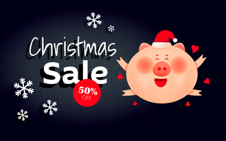 Christmas sale headers with pig and winter landscapeのイラスト素材