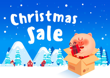 Cute pig in Christmas clothes with Christmas presents. Christmas composition with fir trees and falling snowのイラスト素材
