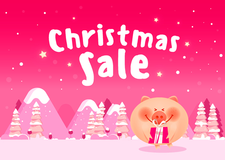 Cute pig in Christmas clothes with Christmas presents. Christmas composition with fir trees and falling snowのイラスト素材