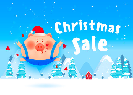 Smiling pig jumping out of a gift box with hearts and holding a gift in his hands. Christmas winter landscape background.のイラスト素材