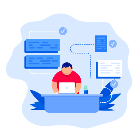 Software development and programming. Flat vector illustration of young programmer coding on the laptopのイラスト素材