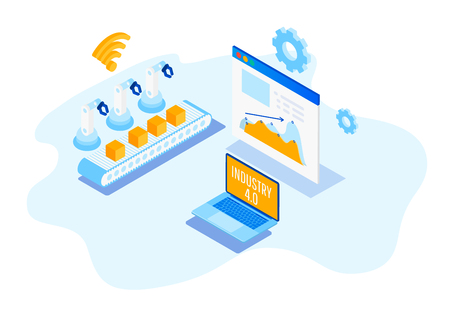 Isometric Factory automation, Industry 4.0, Internet of Things, Vector illustration for connected devices using different symbolsのイラスト素材