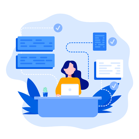 Software development and programming. Flat vector illustration of young programmer coding on the laptopのイラスト素材