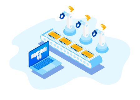 Isometric Factory automation, Industry 4.0, Internet of Things, Vector illustration for connected devices using different symbolsのイラスト素材