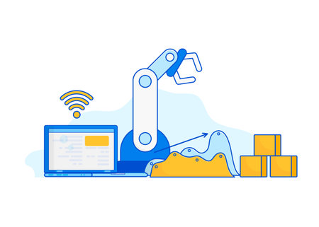 Isometric Factory automation, Industry 4.0, Internet of Things, Vector illustration for connected devices using different symbolsのイラスト素材
