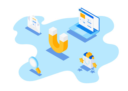 Attracting online customers. Digital inbound marketing, Customer retention flat vector banner with iconsのイラスト素材
