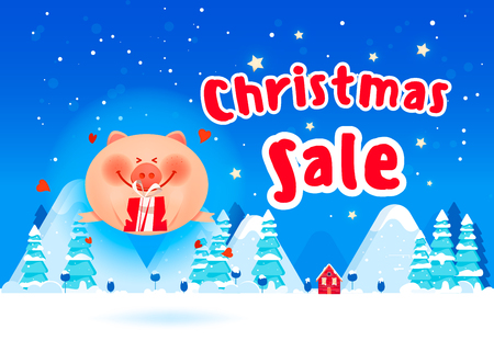 Merry Christmas banner. Merry fat pig with a gift boxes on the Christmas winter landscape background.のイラスト素材