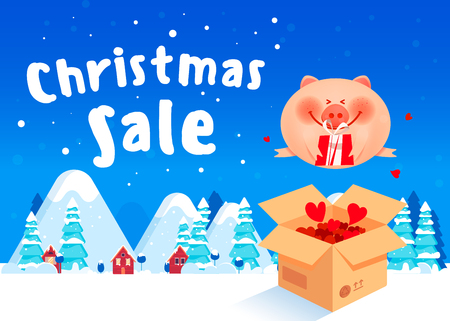 Cute pig in Christmas clothes with Christmas presents. Christmas composition with fir trees and falling snowのイラスト素材