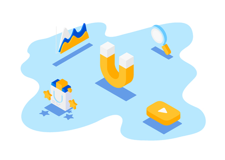 Attracting online customers. Digital inbound marketing, Customer retention flat vector banner with iconsのイラスト素材
