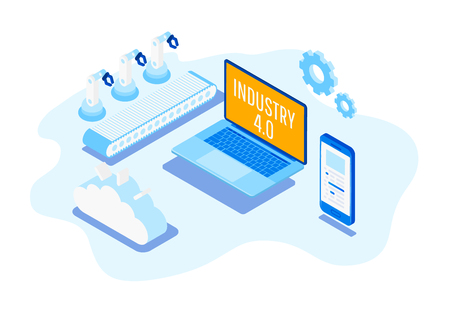 Isometric Factory automation, Industry 4.0, Internet of Things, Vector illustration for connected devices using different symbolsのイラスト素材
