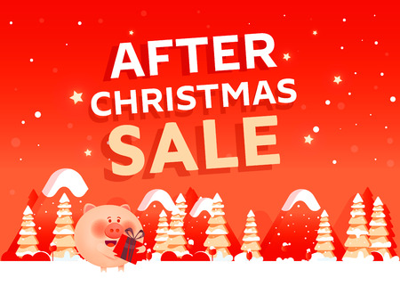 After christmas sale concept banner with christmas trees, pig and different discountsのイラスト素材