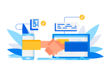 Online  business handshake. Make a deal. Concept for web page, banner, presentation, social media.のイラスト素材
