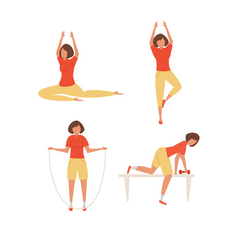 Cartoon girl in different poses doing sports. Different actions vectorのイラスト素材