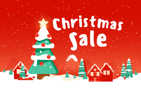 Christmas sale banner with fir tree, houses and gifts  on winter landscape backgroundのイラスト素材