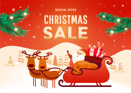 Beautiful Christmas poster with with santa, liver, deer and gifts on the Christmas landscapeのイラスト素材