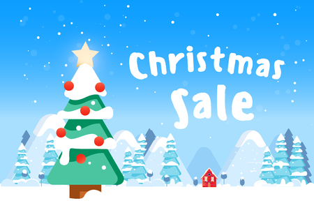 Christmas sale banner with fir tree, houses and gifts  on winter landscape backgroundのイラスト素材
