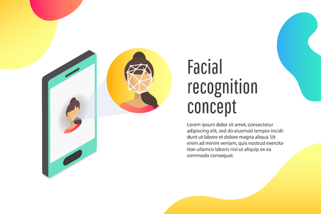Face recognition, woman looks into the phone camera, biometric technology, identificationのイラスト素材