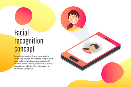 Face recognition, woman looks into the phone camera, biometric technology, identificationのイラスト素材